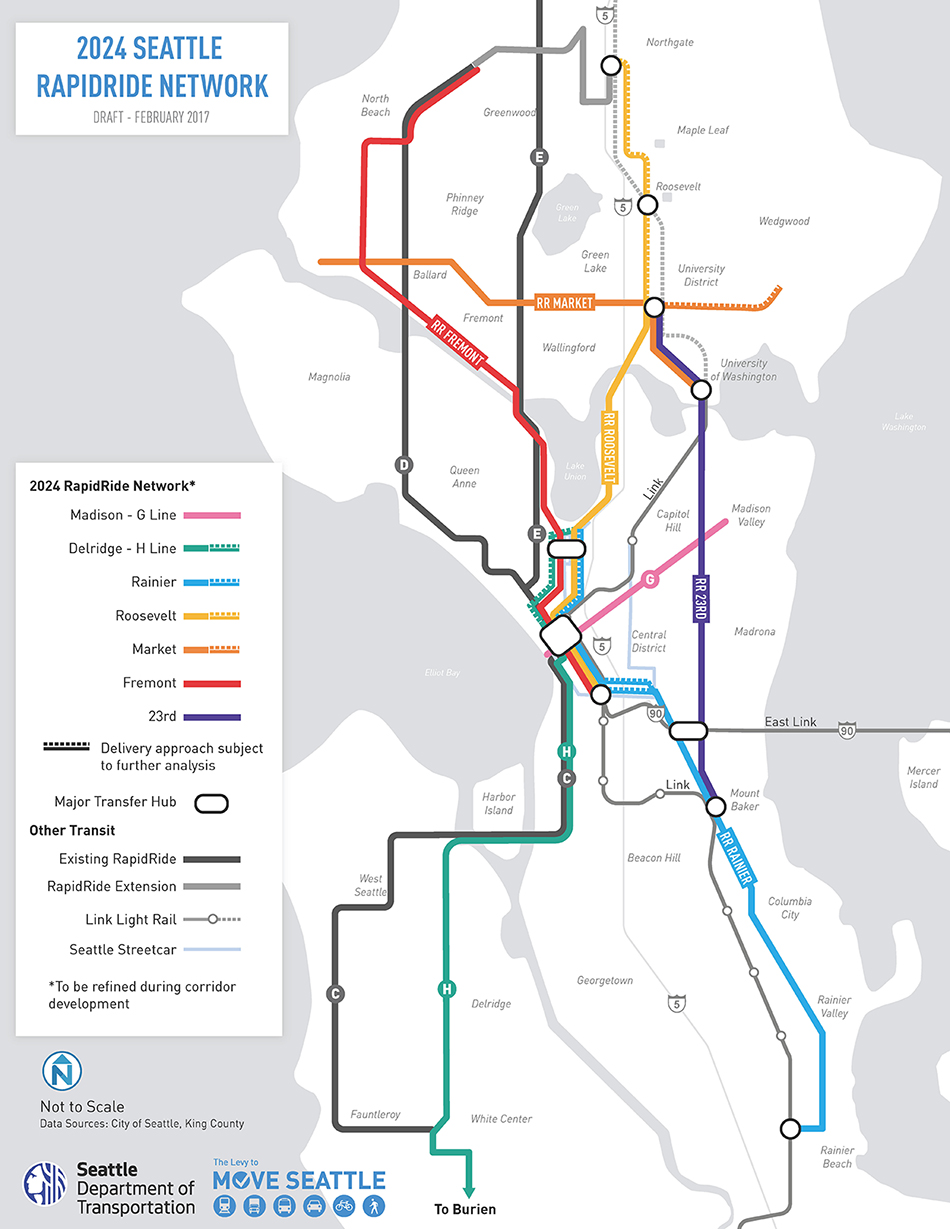 Schematic of the 2024 RapidRide network in Seattle. (City of Seattle)
