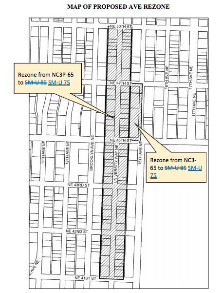 Proposed rezone of The Ave south of NE 50th St had been considered for changes to SM-U 75, but now the rezone is entirely removed from the proposal. (City of Seattle)