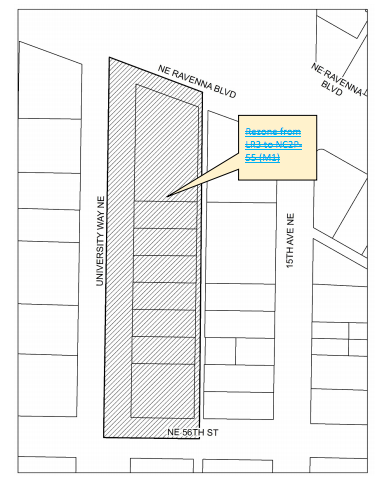 Proposed elimination of proposed rezone to NC2P-55 (M1) on the east blocks of University Way NE between NE Ravenna Blvd and NE 56th St. (City of Seattle)