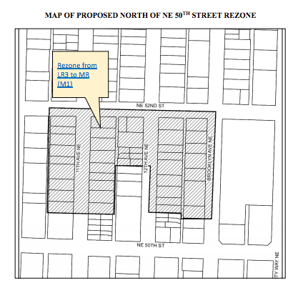 Proposed rezones to MR (M1) north of NE 50th St could be eliminated under a likely amendment by Councilmembers Herbold and O'Brien. (City of Seattle)