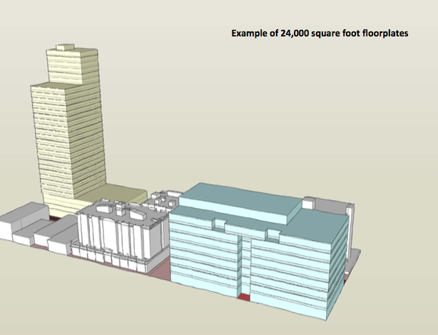 The teal building represents what a 24,000 square foot floorplate might look like. (City of Seattle)