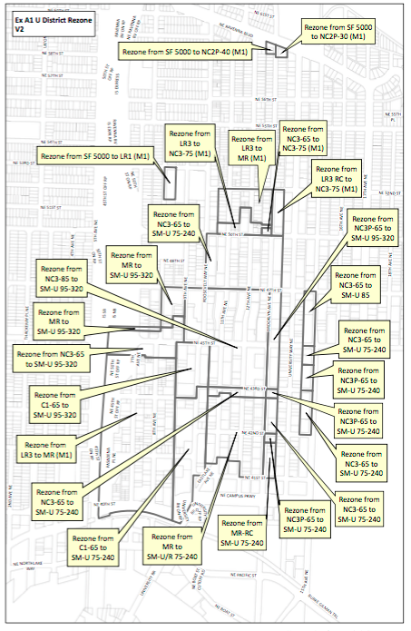 Map of the finalized rezones in the University District. (City of Seattle)