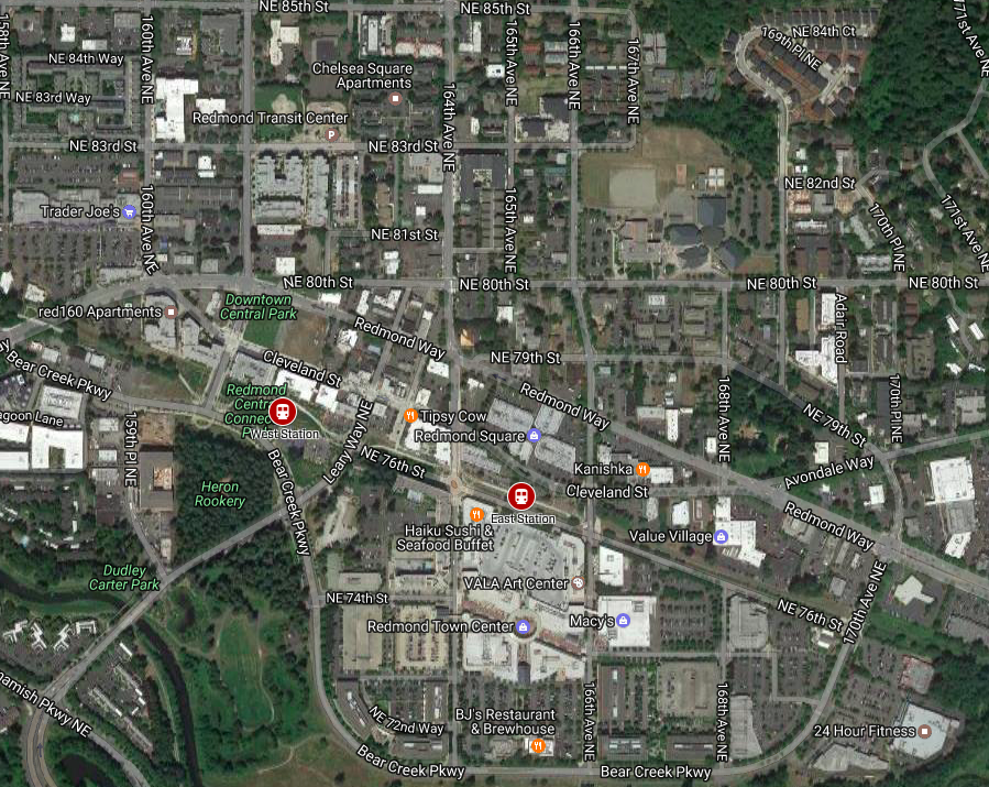 East and west concept station locations in Downtown Redmond. (Google)