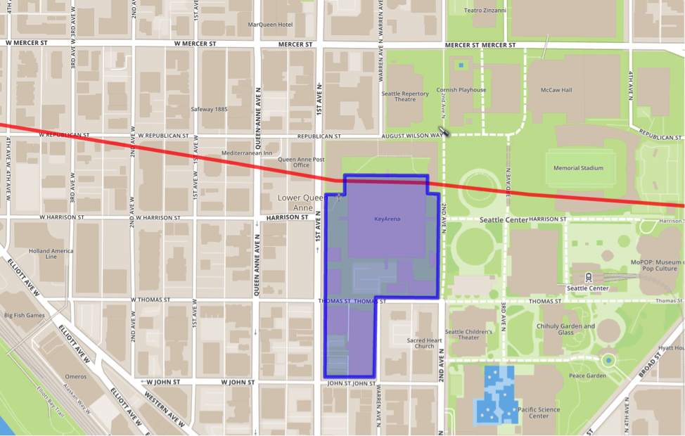 Where the light rail tunnel could go under Seattle Center and intersect with the KeyArena development site.