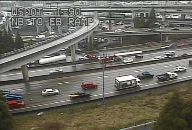 The massive I-90 and I-5 interchange is not a good spot for a major collision. Downtown Seattle roads turn into a giant parking lot. (WSDOT)