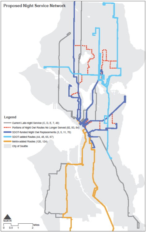 The proposed Night Owl bus network in Seattle. (City of Seattle)