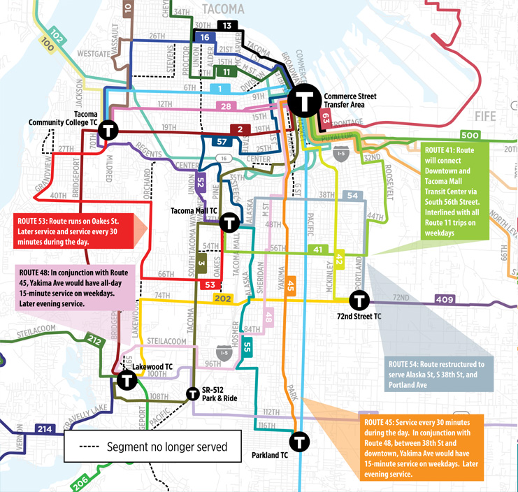 Highlighted changes in South Tacoma. (Pierce Transit)