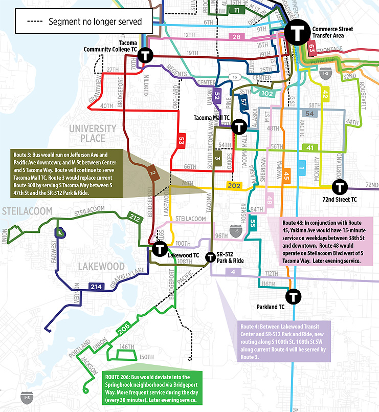 Highlighted changes in Lakewood. (Pierce Transit)