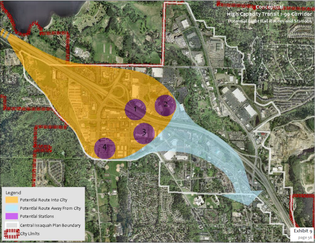 Potential light rail station locations. #4 is the existing transit center (City of Issaquah)