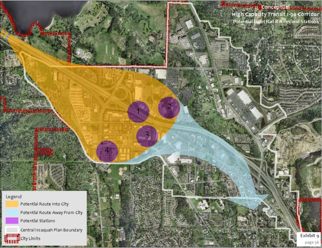 Potential light rail station locations. #4 is the existing transit center (City of Issaquah)