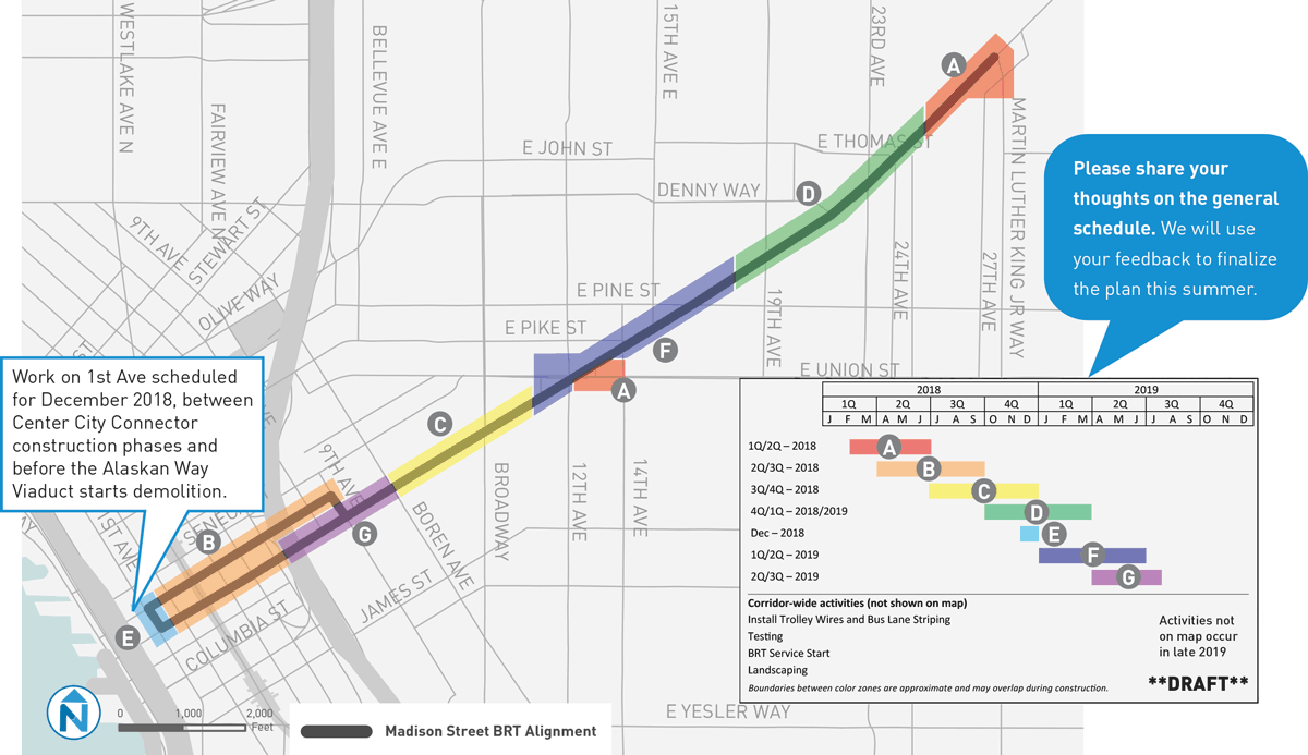 Draft construction timeline and work areas. (Nelson\Nygaard / City of Seattle)