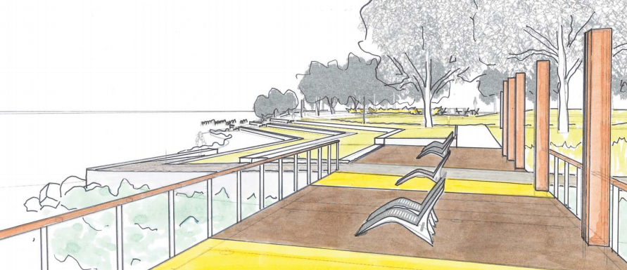 Sketch of the main pier looking back up the hill. (Walker/Macy / City of Seattle)