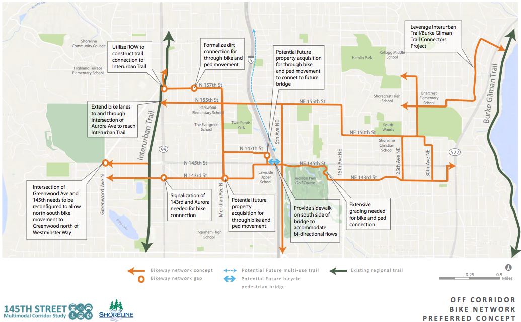The preferred bike network concept for the 145th Street corridor area. (City of Shoreline)