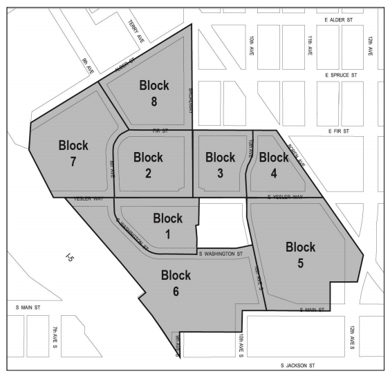 The eight blocks planned for Yesler Terrace's redevelopment. (City of Seattle)