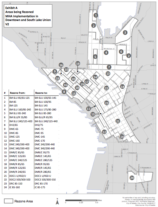 Areas that are rezoned in the Downtown and South Lake Union by the ordinance. (City of Seattle)