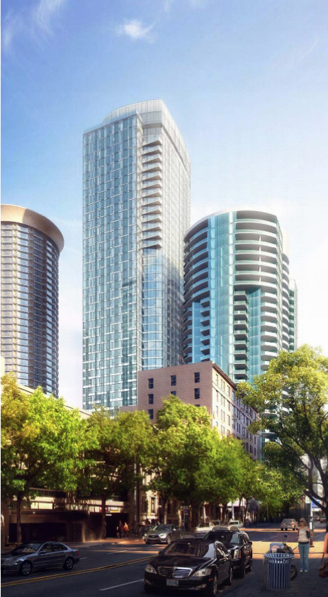 Fifth and Virginia tower next to Escala. (Perkins + Will / City of Seattle)