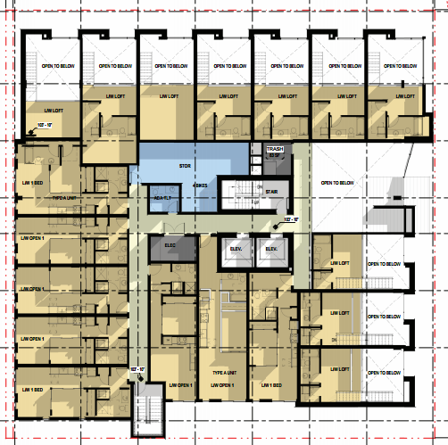 Layout of live-work units on the second floor. (Encore Architects, PLLC / City Seattle)