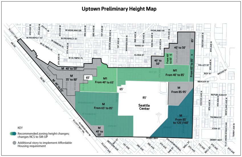 Greenish and bluish areas are proposed for rezoning to SM-UP with the indicated height limits. (City of Seattle)