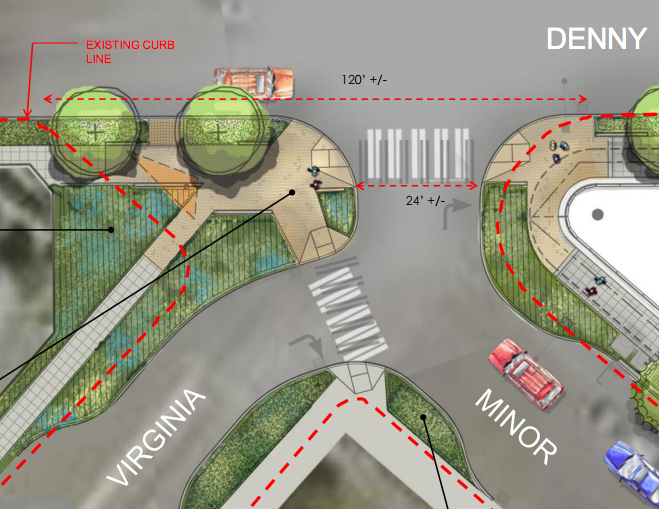 The developer's streetscape plan for the intersection of Denny, Minor, and Virginia. (City of Seattle)