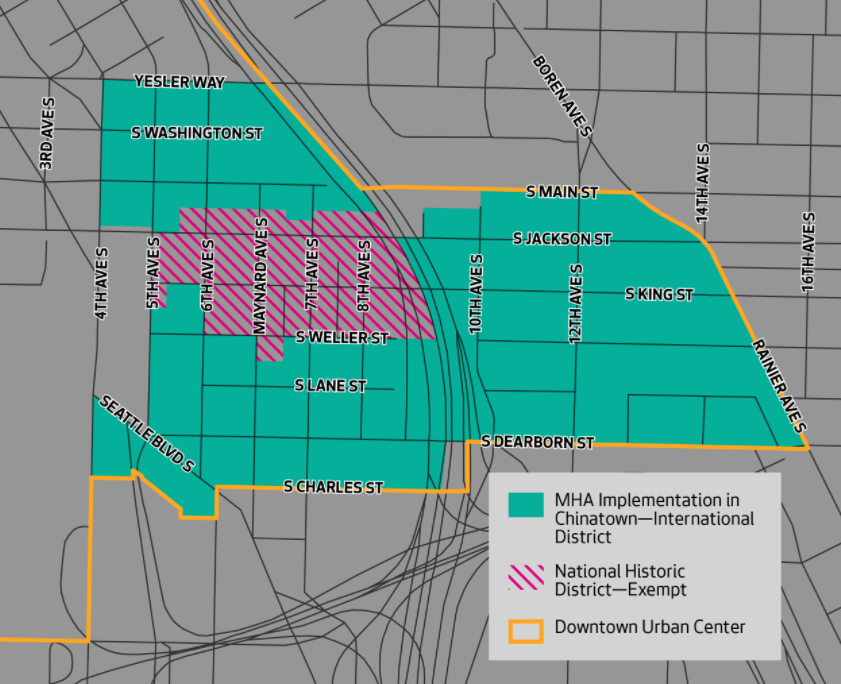 Areas of Chinatown-International District that are inside and outside of the MHA rezones. (City of Seattle)