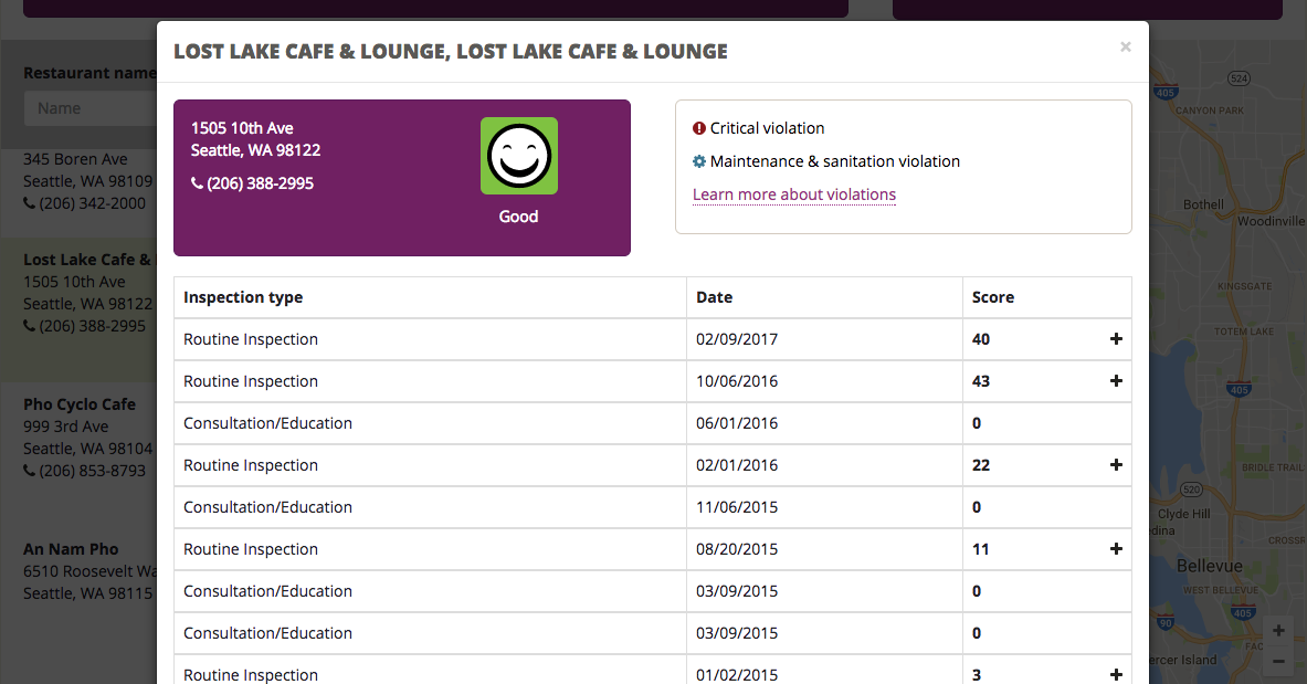 Inspection history of Lost Lake Cafe & Lounge. (City of Seattle / King County)