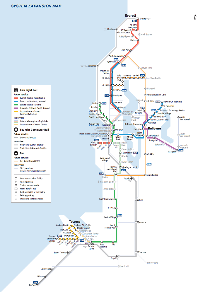 Sound Transit's new system expansion map detailing extensions and new lines, and year of project delivery. (Sound Transit)