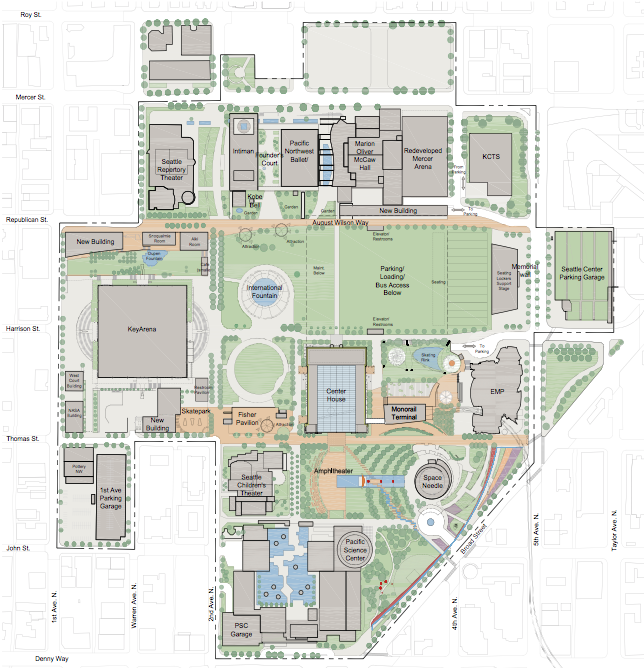 A schematic of the comprehensive master plan for the Seattle Center campus and district from 2008; note that there is no explicit mention of a school. (City of Seattle)