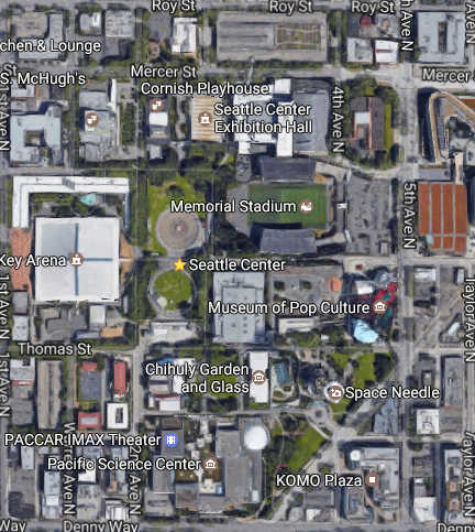 A aerial image of Seattle Center and surrounding areas from present day. (Google Maps)