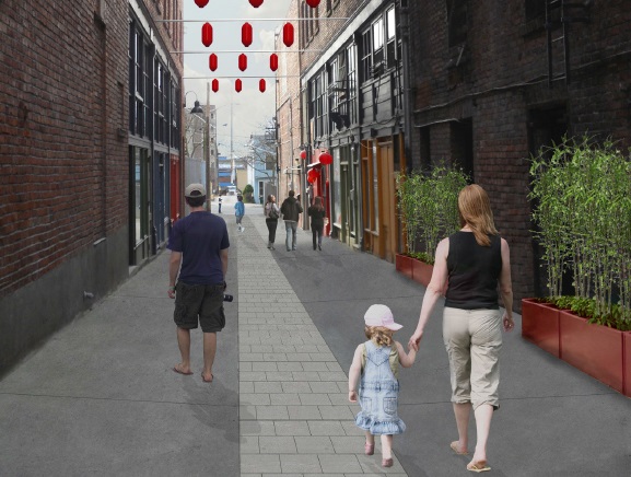 Rendering of how Canton Alley could function and feel like in the future. (City of Seattle)