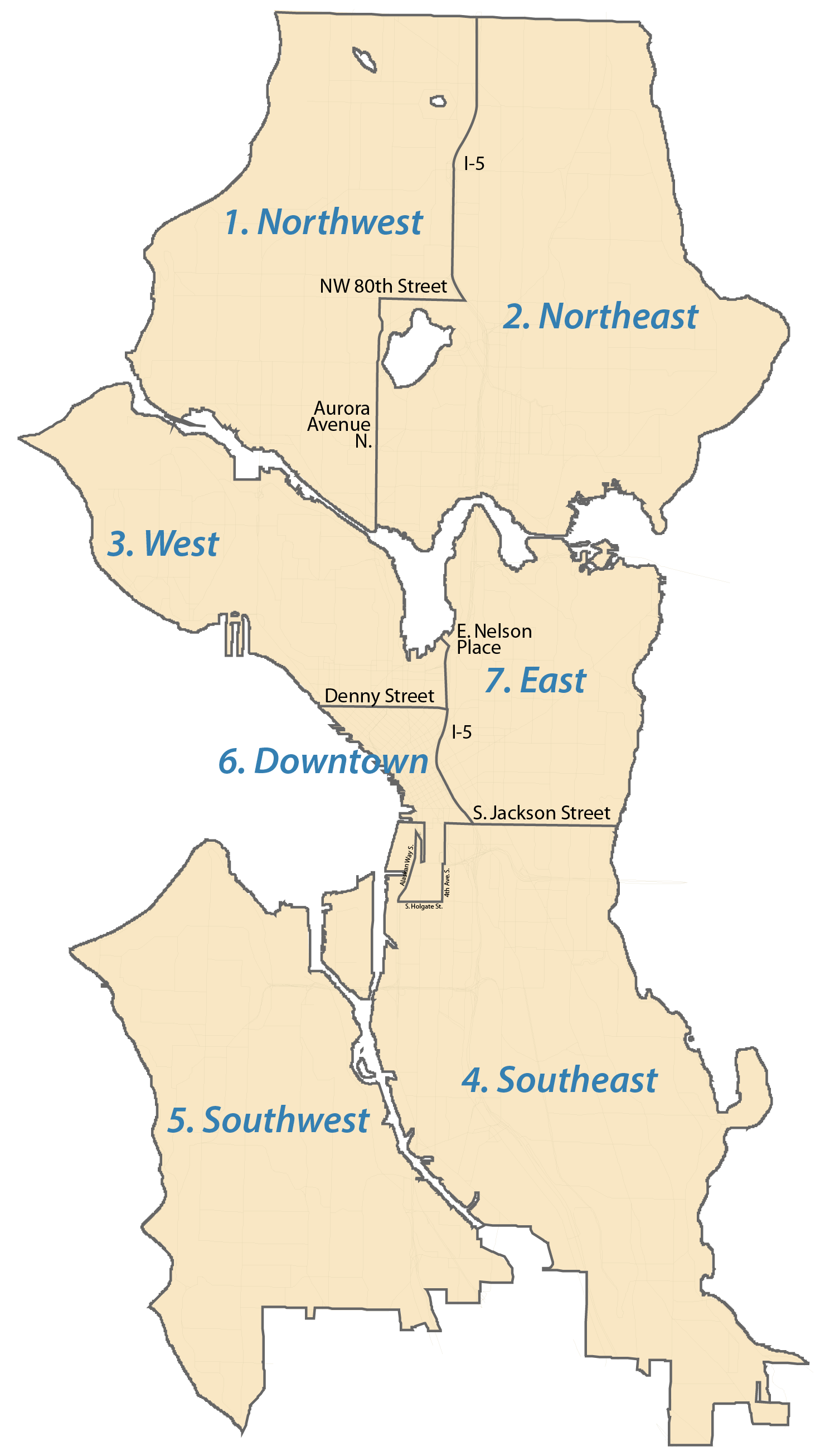 Geographic areas of the seven design boards. (City of Seattle)