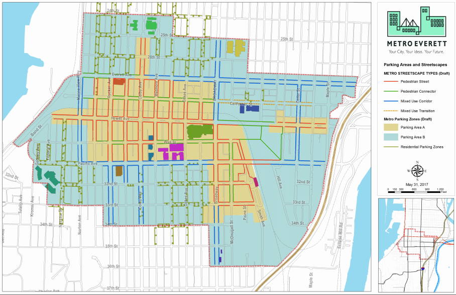 Map of proposed parking areas and streetscape destinations within Metro Everett. (City of Everett)