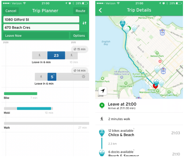 Left: The Trip Planner showing trip options, including biking and Mobi bikeshare. Right: The Mobi bike trip along English Bay. (Transit)