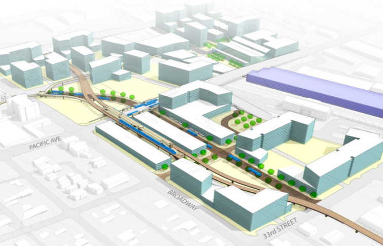 Concept for a transit-oriented district near Everett Station, an elevated light rail stop east of Broadway near Pacific Avenue, a new transit-only street via McDougall Avenue, and a raised Pacific Avenue with on-street bus bays. (City of Everett)