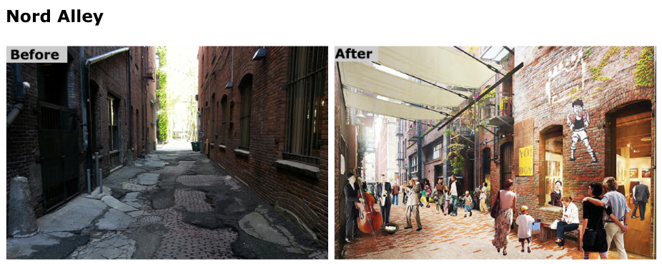 Current conditions and rendering of the future Nord Alley. (City of Seattle)