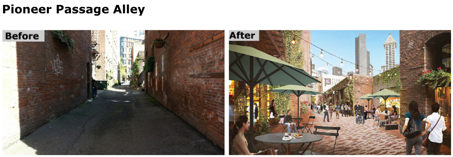 Current conditions and rendering of the future Pioneer Passage Alley. (City of Seattle)