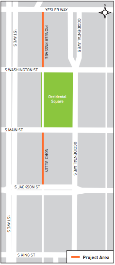 Alleys in Pioneer Square where activation improvements will be made. (City of Seattle)