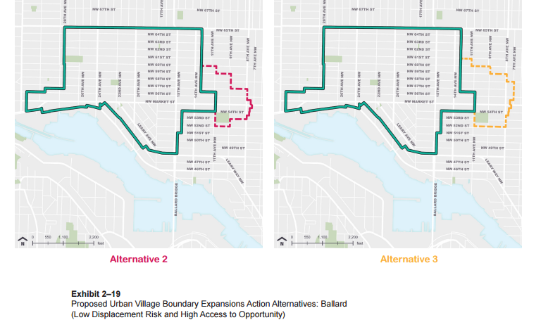 A comparison of Alternatives 2 and 3 in the Ballard Urban Village; both include expansions. (City of Seattle)