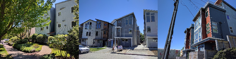 Townhomes and apartments surround the block on three sides.