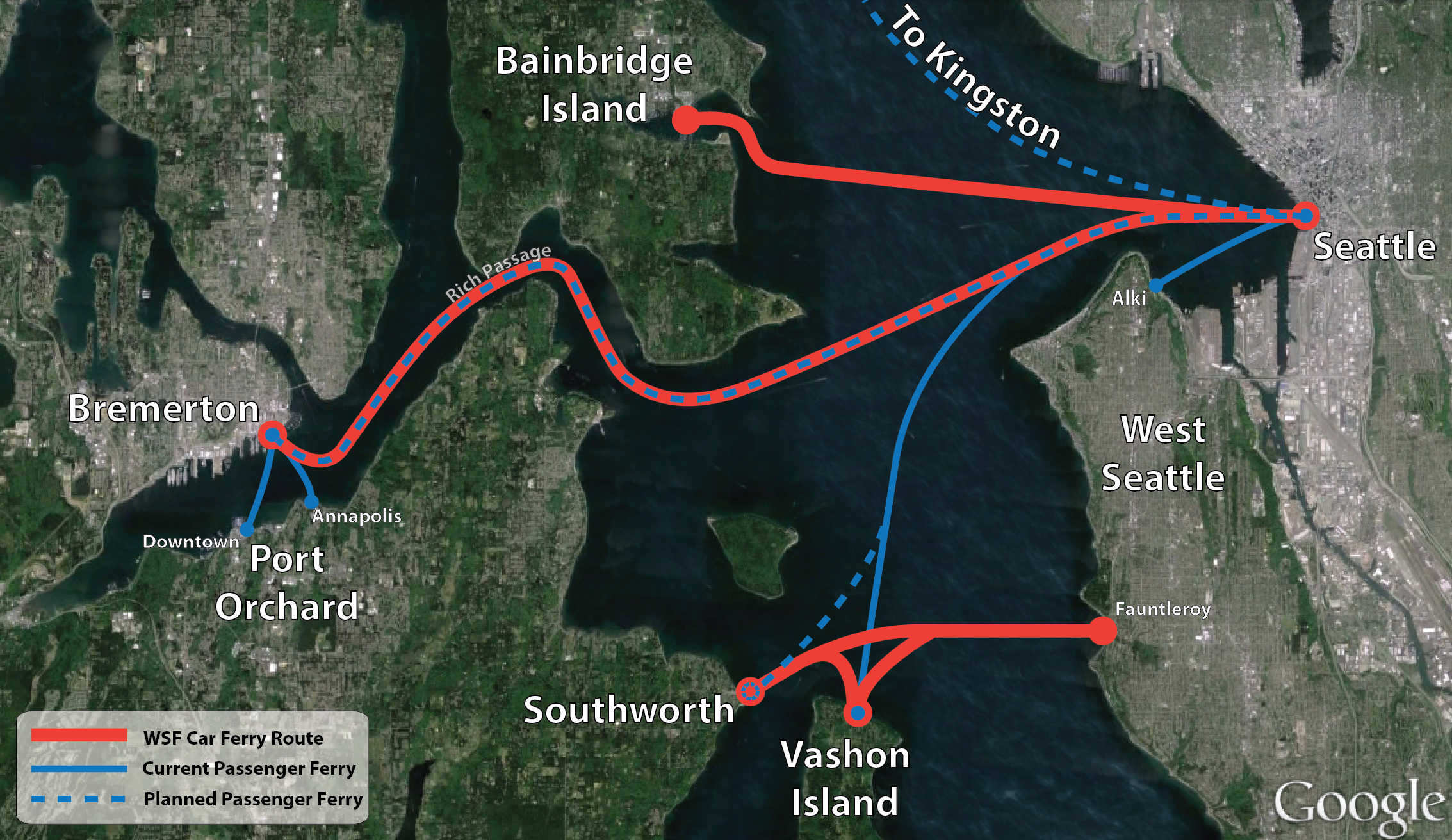 Current and planned public ferry routes in central Puget Sound. (Graphic by the author)