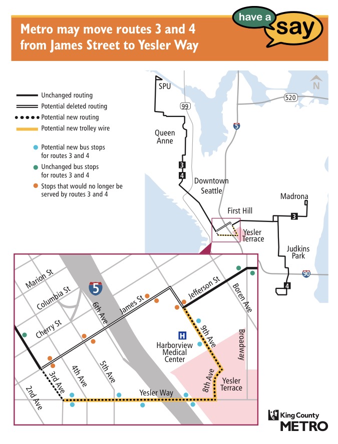Metro's proposed realignment of Routes 3 and 4. (King County Metro)