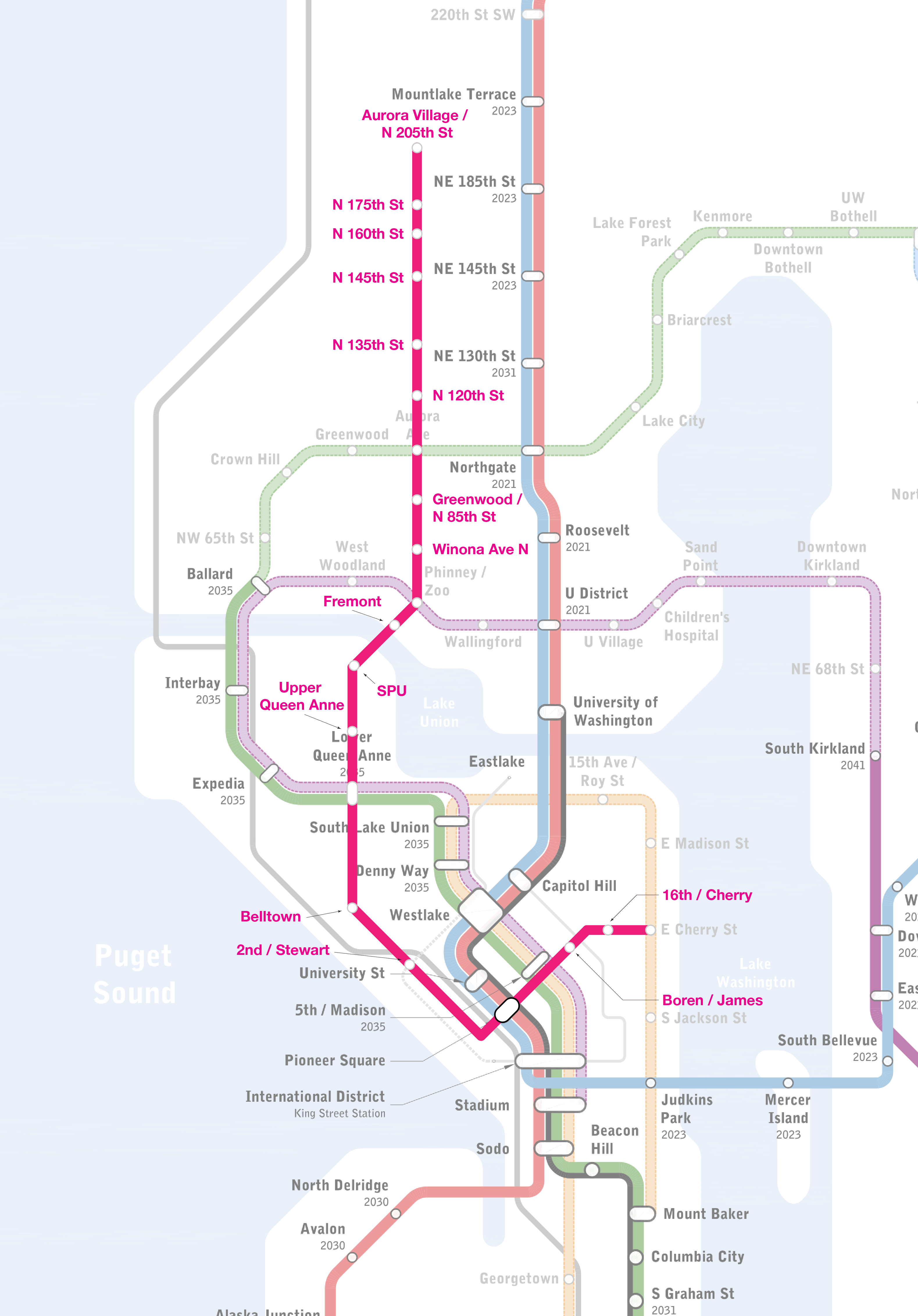The E alignment is highlighted in hot pink. (Doug Trumm / Seattle Subway)