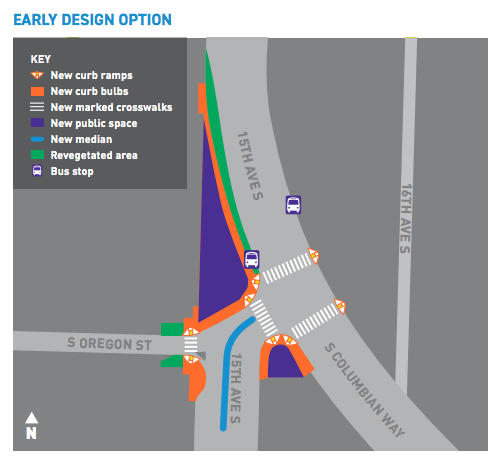 Proposal for 15th and Columbian that squared the intersection by creating a plaza.