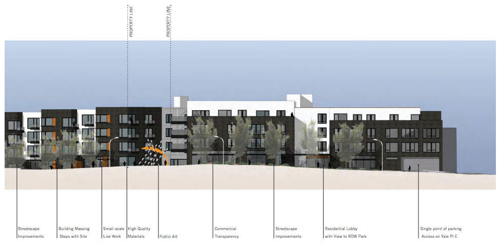 A rendering of the Yale Pl E building elevation of East Howe Steps apartments. (City of Seattle / Bushnaq Studio Architecture + Design)