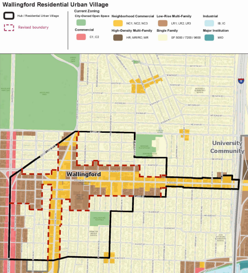 Black lines are the current urban village boundaries in Wallingford; red lines are new proposed urban village boundaries for the neighborhood. (City of Seattle)
