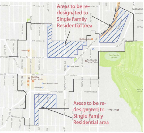 Areas proposed for redesignation to Single Family Residential in Alaska Junction. (City of Seattle)
