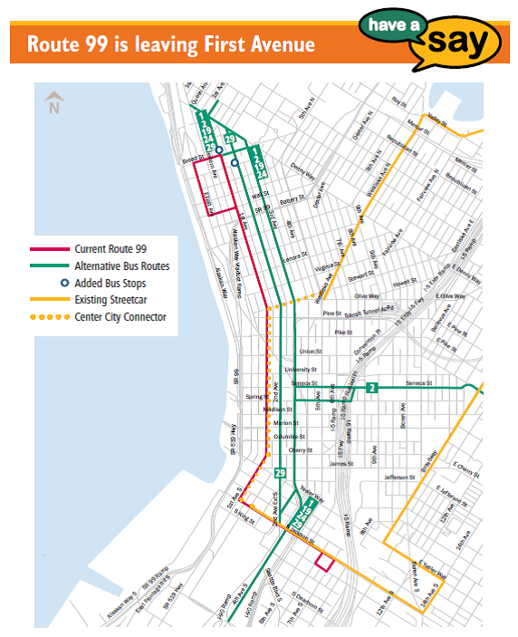 Route 99 would temporarily move to Second and Third Avenues. (King County)