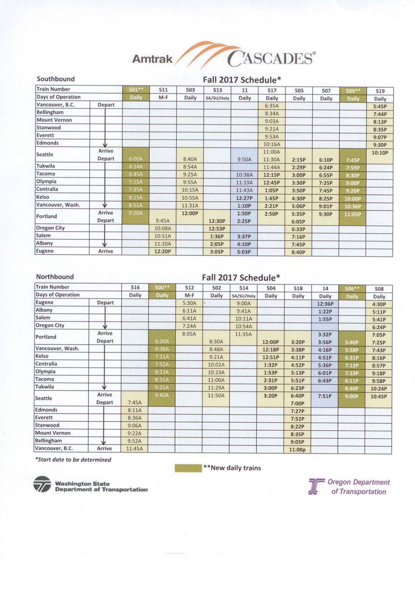Fall schedule for Amtrak Cascades passenger rail services. (WSDOT)