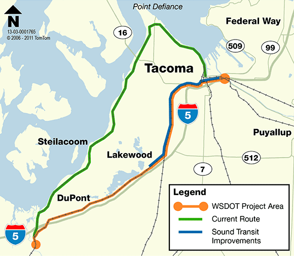 Orange shows the alignment of the Point Defiance Bypass. (WSDOT)