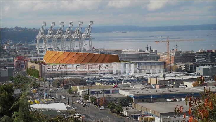 Plans for a SoDo Arena, as rendered here, fell through, but the many industrial acres that Chris Hansen acquired for the purpose could be converted to new industrial and/or commercial development. The outcome would ride on what industrial lands policy is. Note, the Port of Seattle cranes in the background. (Credit: SiteWorkshop)