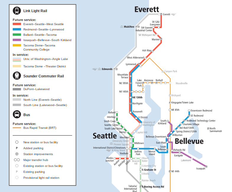 With completion of ST3, light rail will reach Everett, Tacoma, and east to Issaquah
